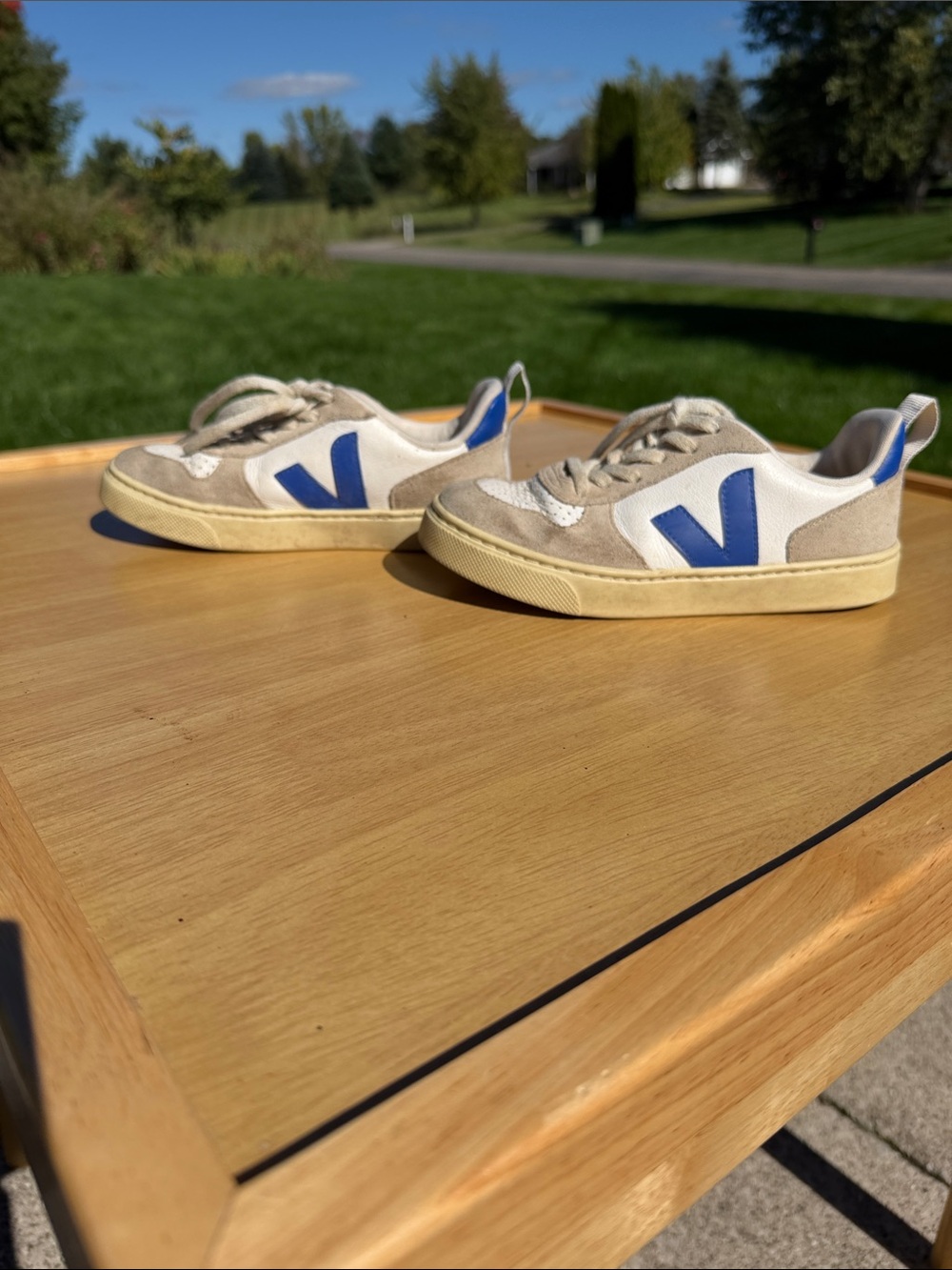 Veja Kids Low-Top Sneaker in Beige, White & Blue V Logo